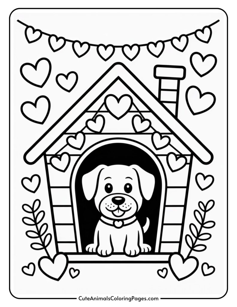A coloring page of a smiling puppy sitting on a dog bed decorated with hearts and string lights.