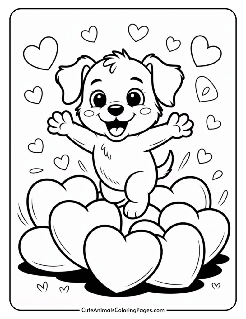 A cartoon dog runs happily through the big hearts with smaller hearts around.