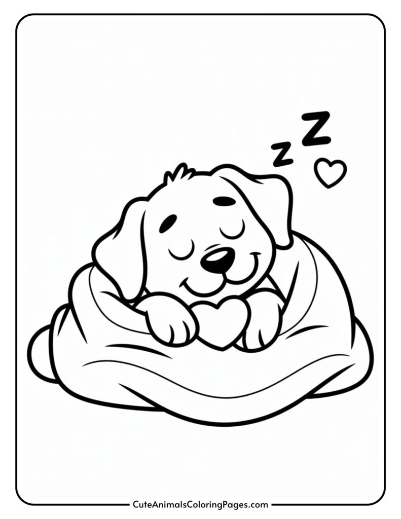 A cartoon dog sleeping peacefully in a blanket with a heart and a 