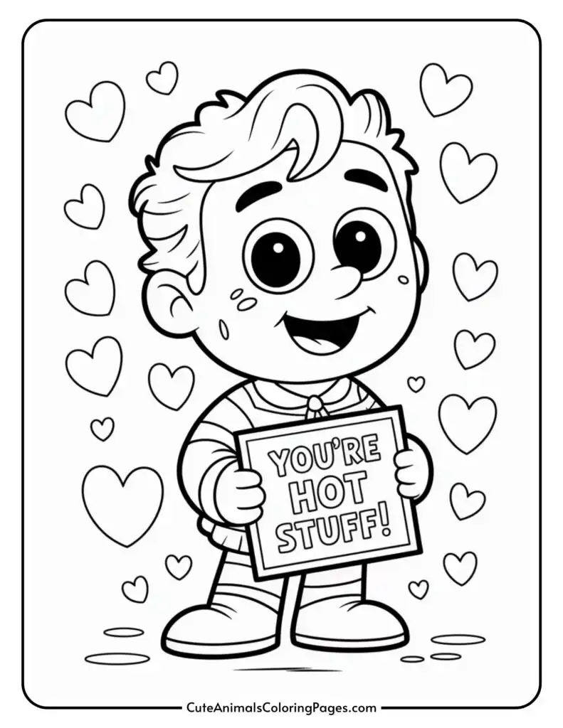 Cartoon character holding a sign that reads "You're Hot Stuff," surrounded by heart shapes.