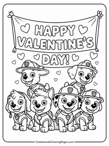 Six cartoon puppies wearing hats and badges sit smiling beneath a 