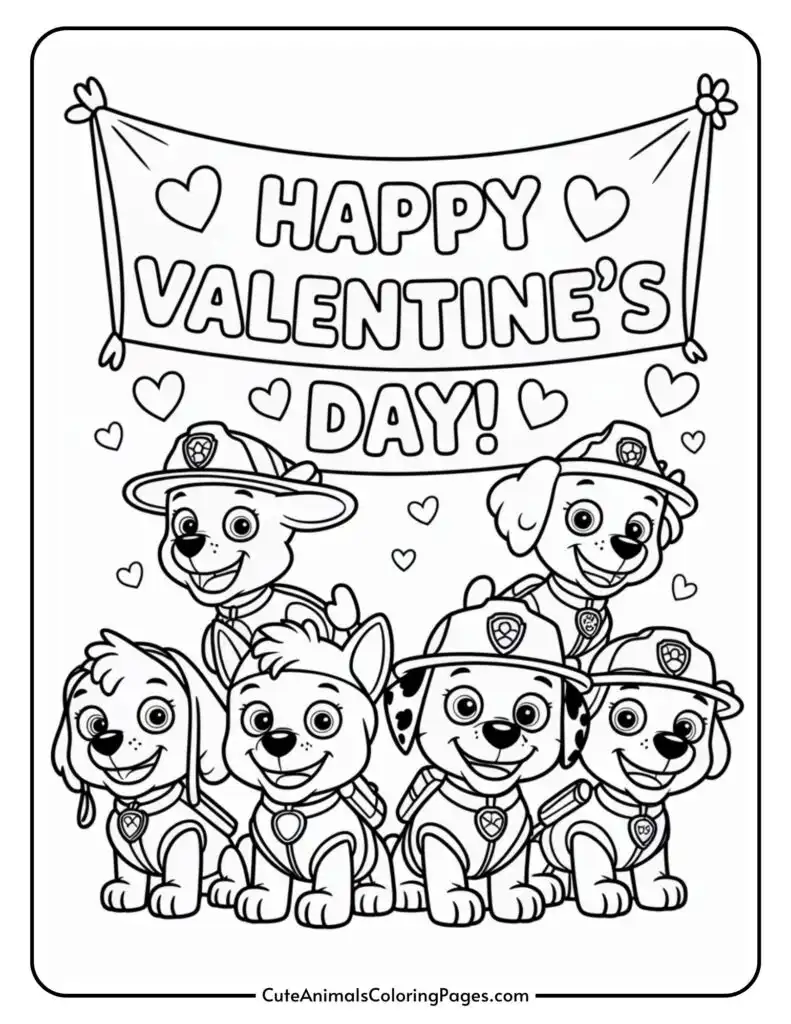 Six cartoon puppies wearing hats and badges sit smiling beneath a "Happy Valentine's Day!" banner with hearts.
