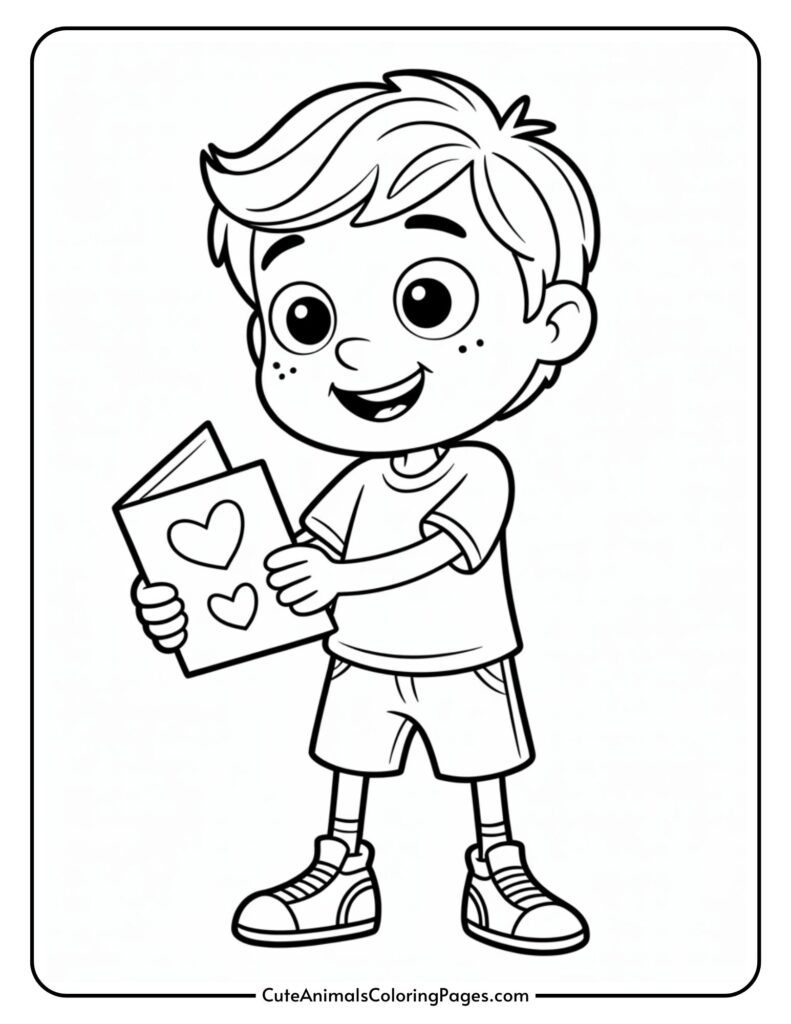 A cartoon boy with short hair is smiling and holding a card with hearts on it.