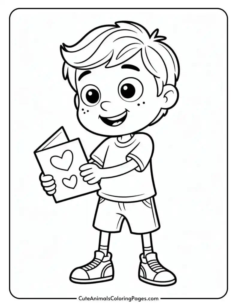 A cartoon boy with short hair, smiling and holding a card with hearts on it.