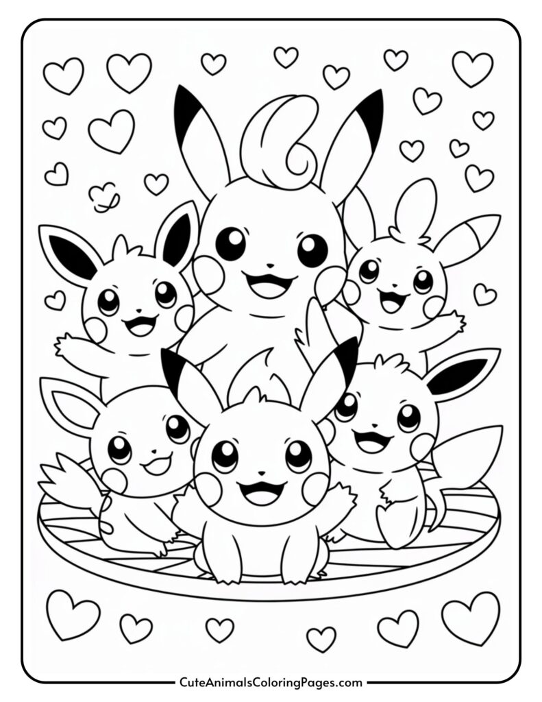 Five cartoon animals that look like hamsters with big ears and hearts are sitting together.