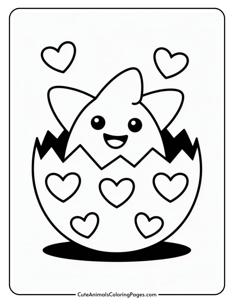 A smiling cartoon character hatching from an egg, surrounded by heart shapes.