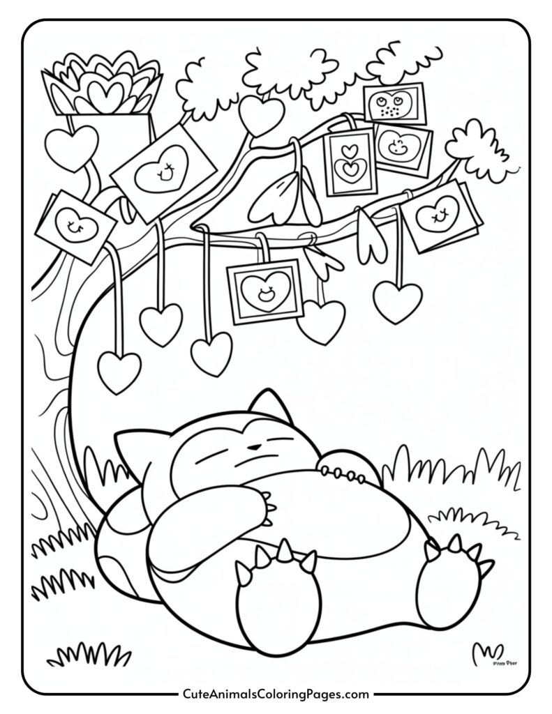 A cartoon creature relaxing and sleeping under a tree decorated with hanging framed pictures and heart shapes.