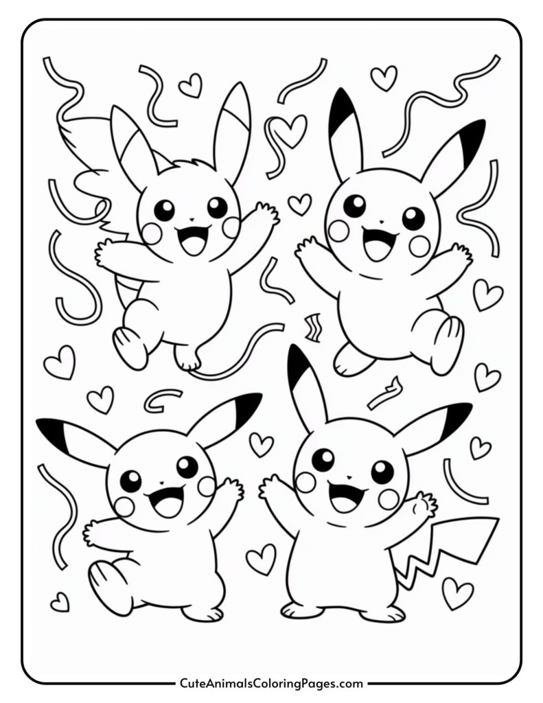 Four cartoon creatures with big ears and curly tails jump with joy and wavy stripes.