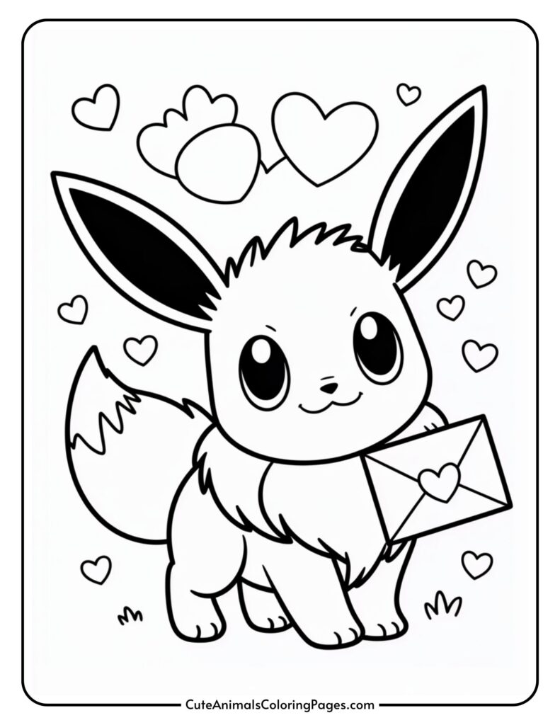 A cute fox-like cartoon creature holding an envelope with a heart, surrounded by little hearts.