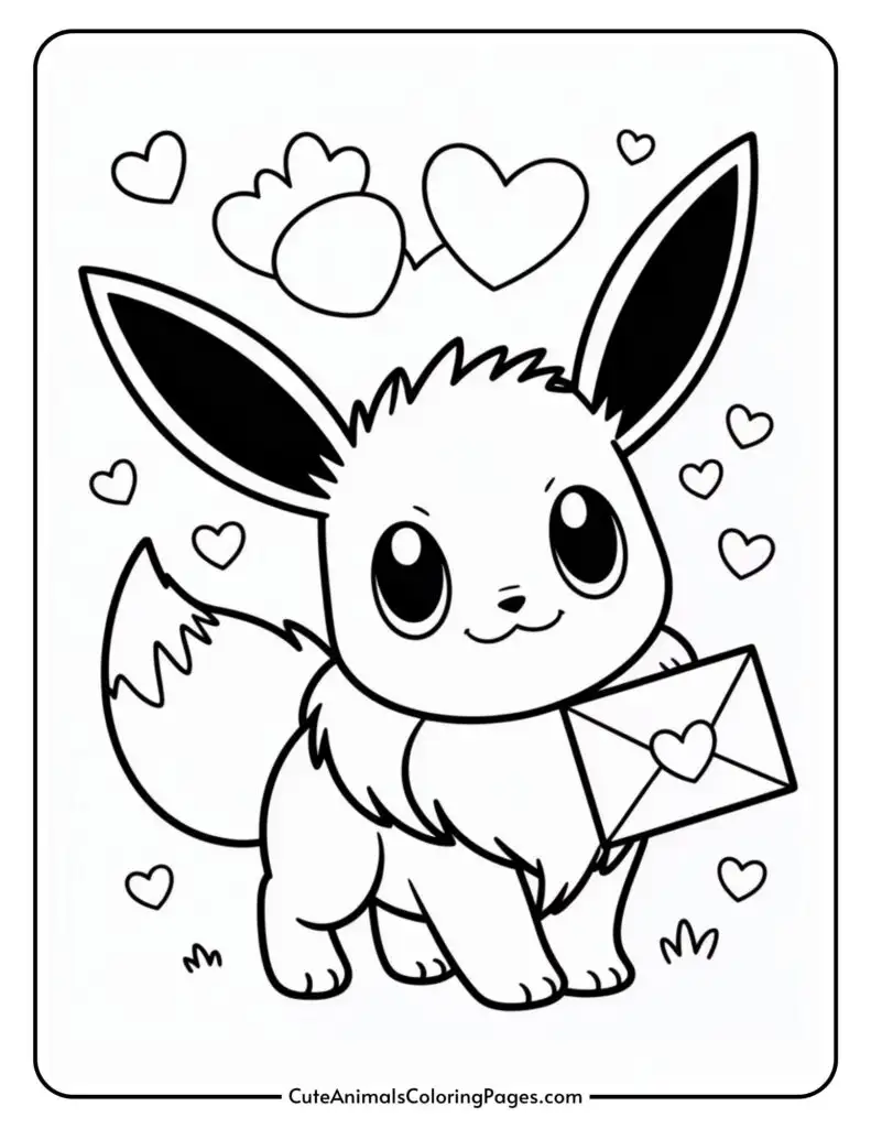 A cute cartoon fox-like creature holding an envelope with a heart, surrounded by small hearts.