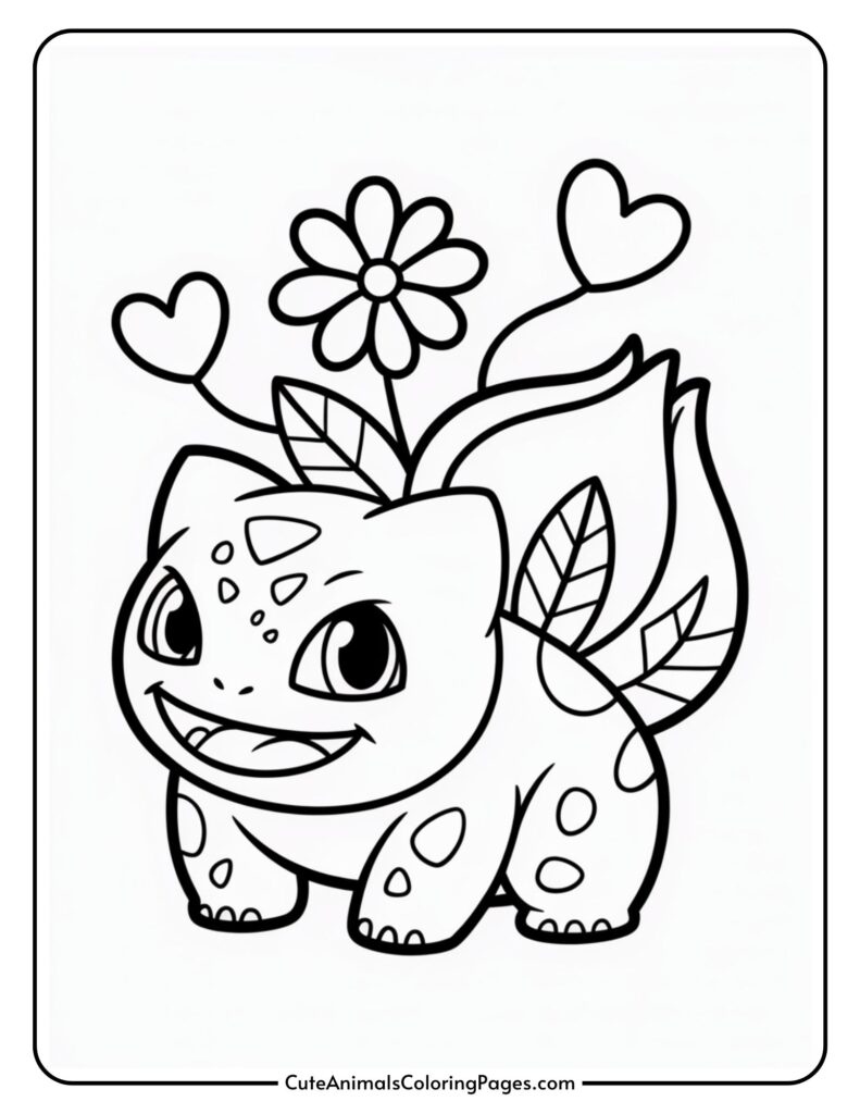 Smiling cartoon creator with flowers and heart designs on his back, standing happily.