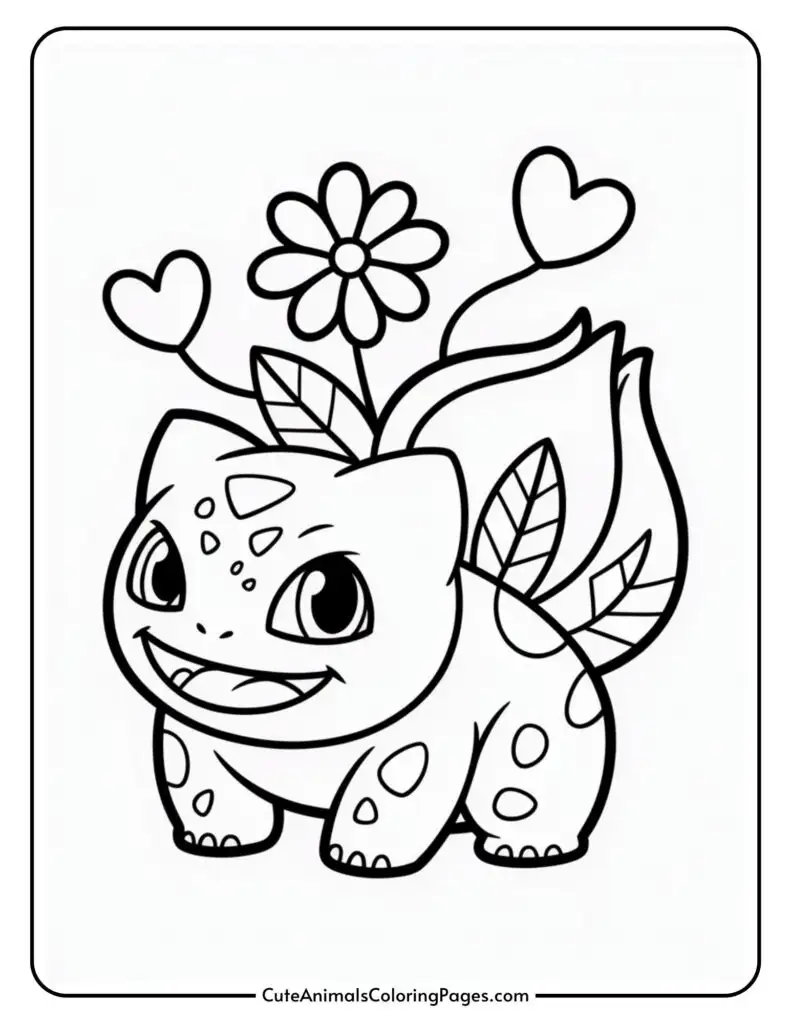 Smiling cartoon creature with a flower and heart designs on its back, standing happily.