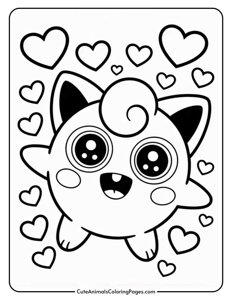 Cute cartoon creature with big eyes and swirls on his forehead, surrounded by hearts.