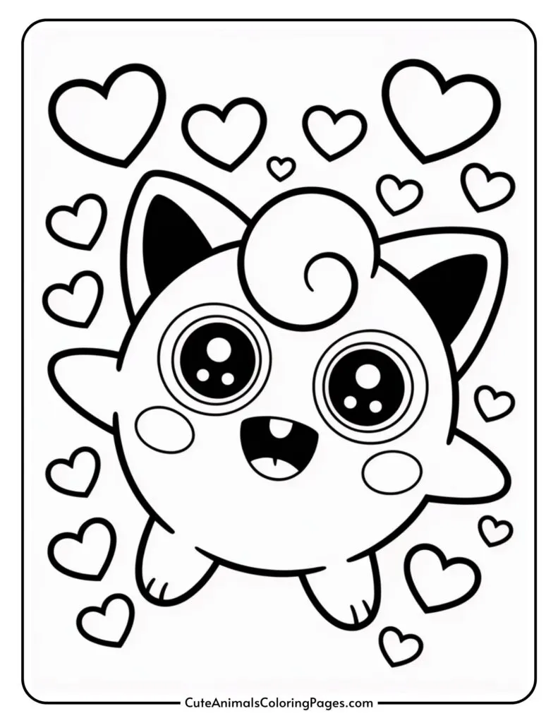 Cute cartoon creature with large eyes and swirl on forehead, surrounded by hearts.