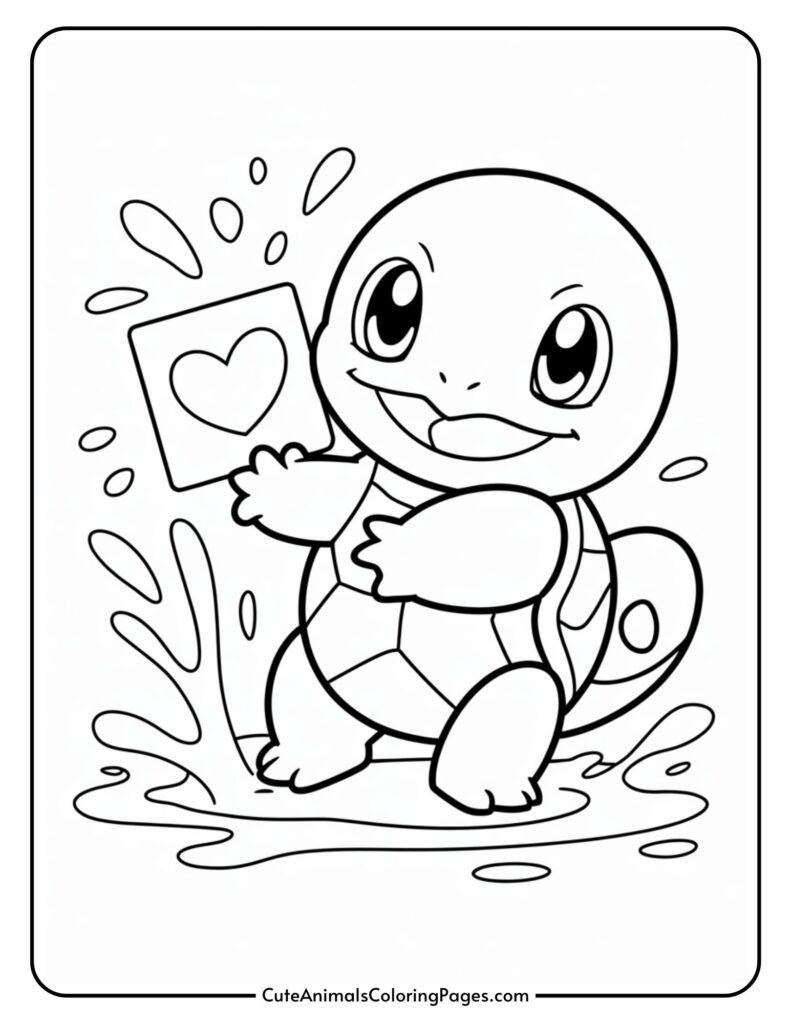 A smiling cartoon duck holding a card with a heart surrounded by water waves.