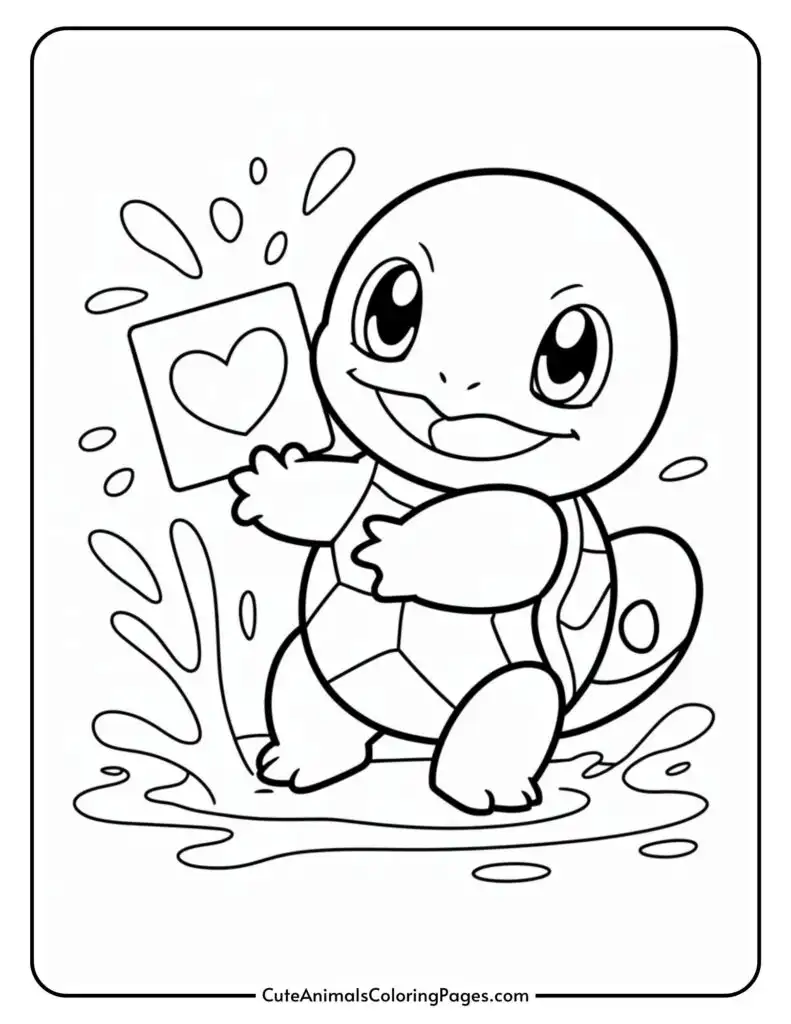 A cartoon turtle smiling while holding a card with a heart, surrounded by water splashes.