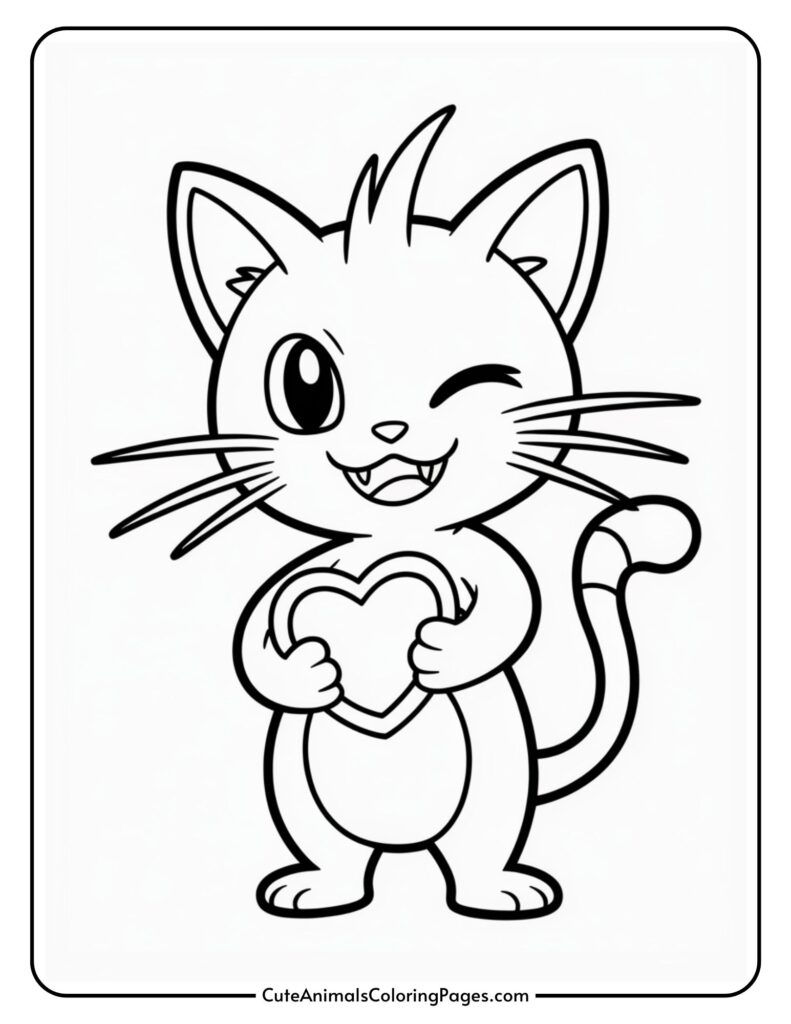 A winking and heartwarming cartoon cat with a playful expression and gray tail.