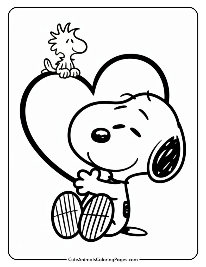 Snoopy hugs a heart, with Woodstock perched on top, in a playful, line-art style.