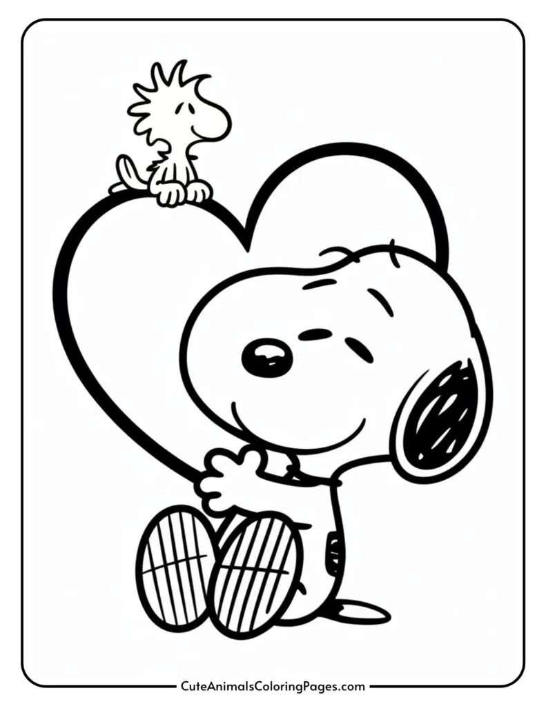 Snoopy hugs a heart, with Woodstock perched on top, in a playful, line-art style.