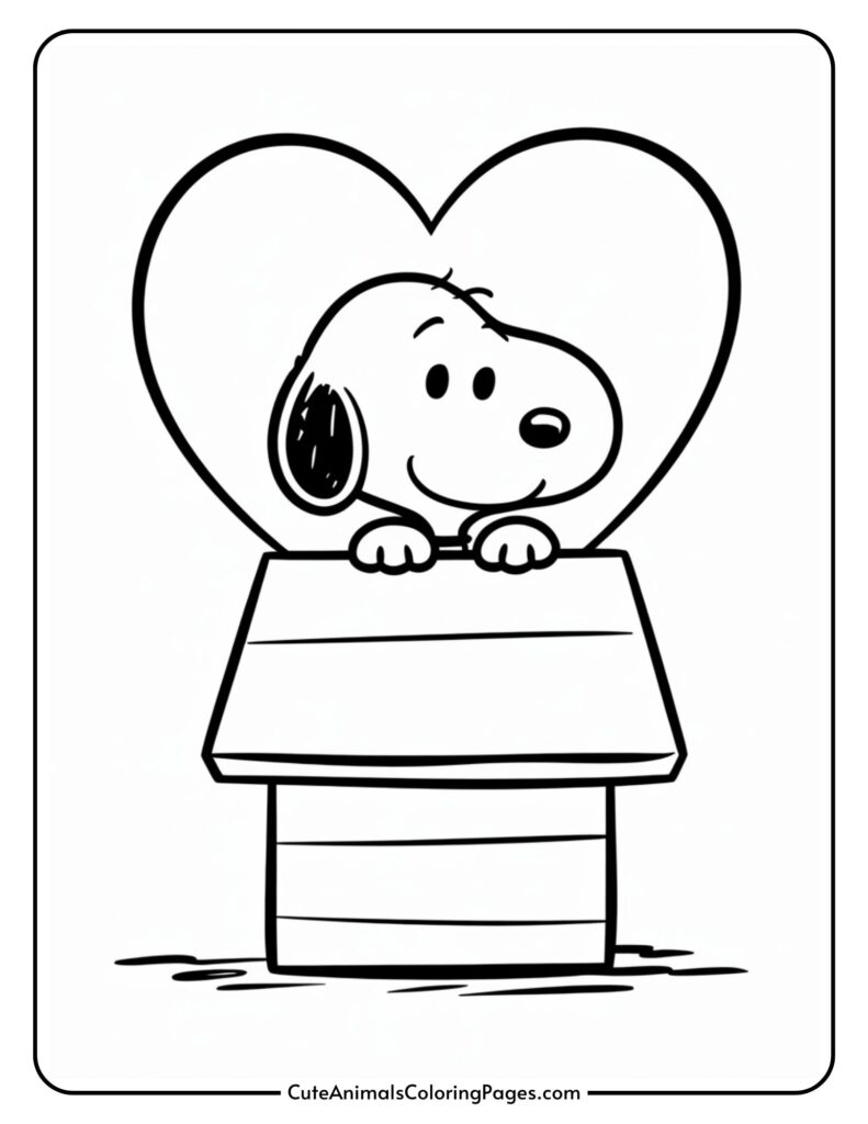 A cartoon dog smiling, peeking over a doghouse with a large heart shape in the background.
