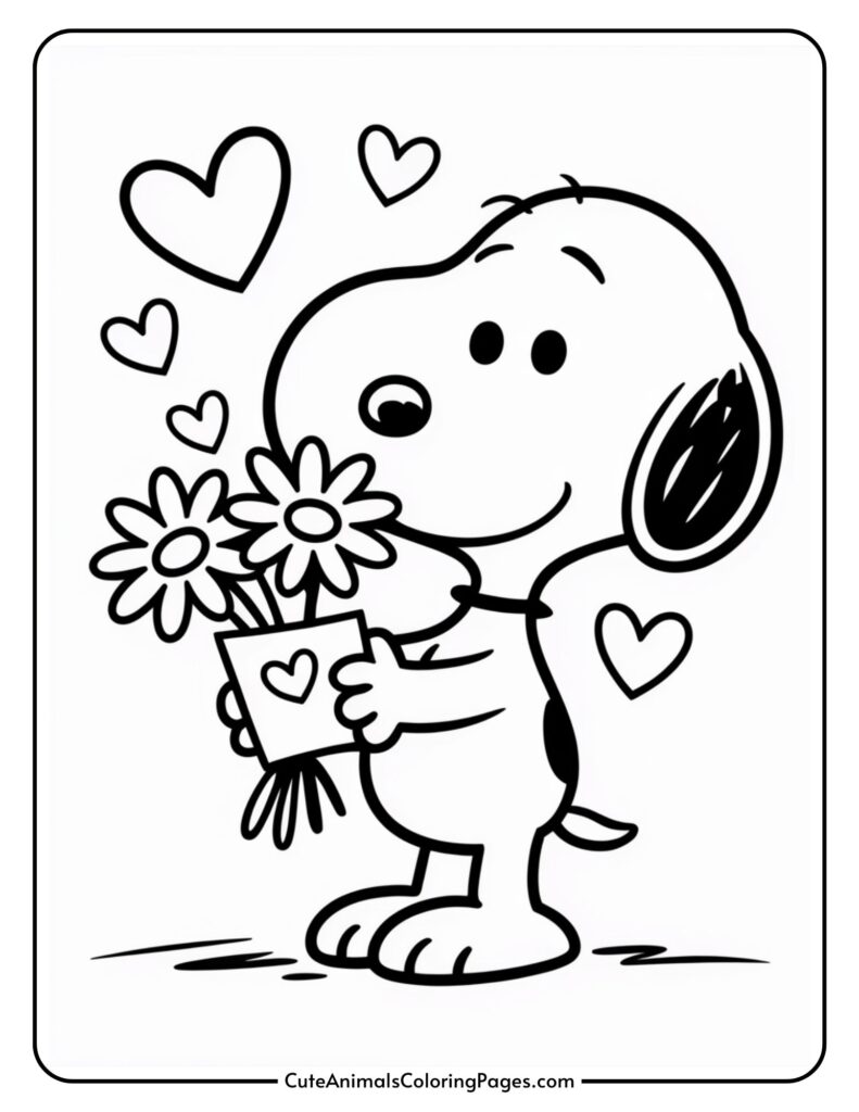 A cartoon dog holding a bouquet of flowers with hearts floating around, in an outlined coloring page style.
