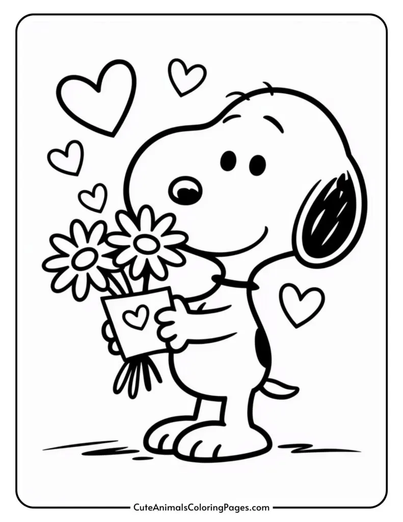 A cartoon dog holding a bouquet of flowers with hearts floating around, in an outlined coloring page style.