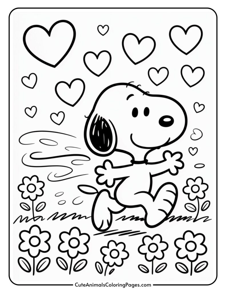 A cartoon dog joyfully runs among flowers with hearts floating above.