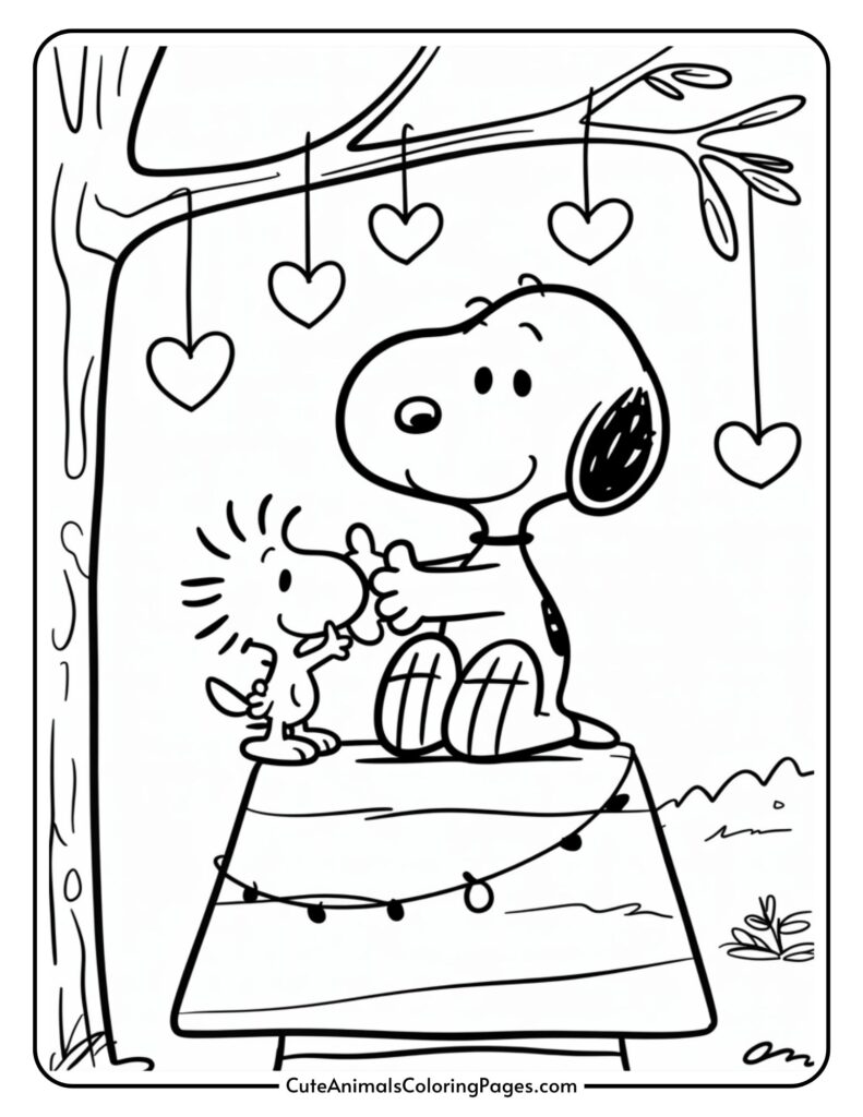 A cartoon dog and a small bird sit on top of a decorated doghouse under a tree with hanging heart ornaments.