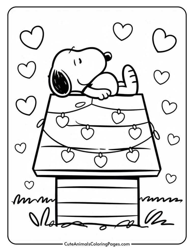 A cartoon dog lies on a roof decorated with heart-shaped lights, with hearts floating around.