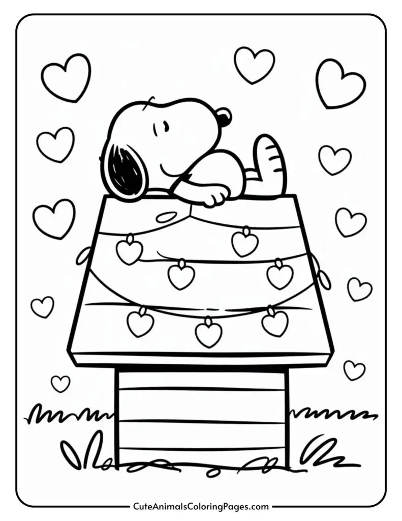 A cartoon dog lies on a roof decorated with heart-shaped lights, with hearts floating around.
