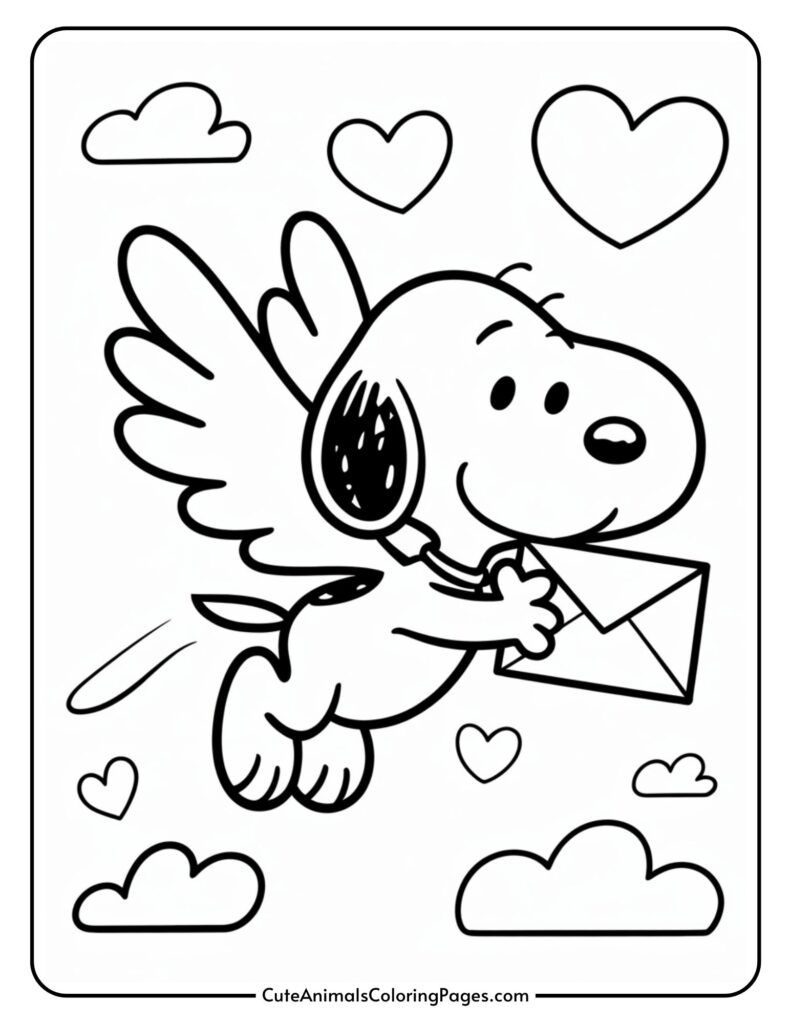 A cartoon dog with wings holds an envelope while flying, surrounded by hearts and clouds.