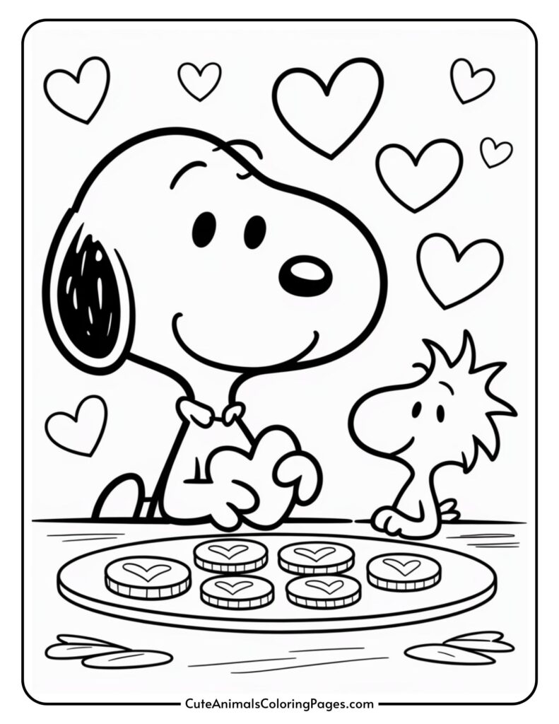 Snoopy and Woodstock smiling at heart-shaped cookies on a table, surrounded by heart symbols.