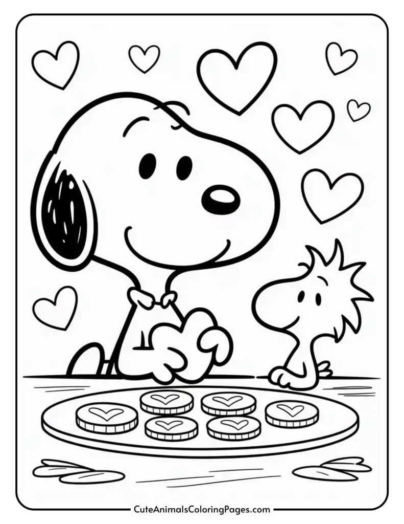 Snoopy and Woodstock smiling at heart-shaped cookies on a table, surrounded by heart symbols.