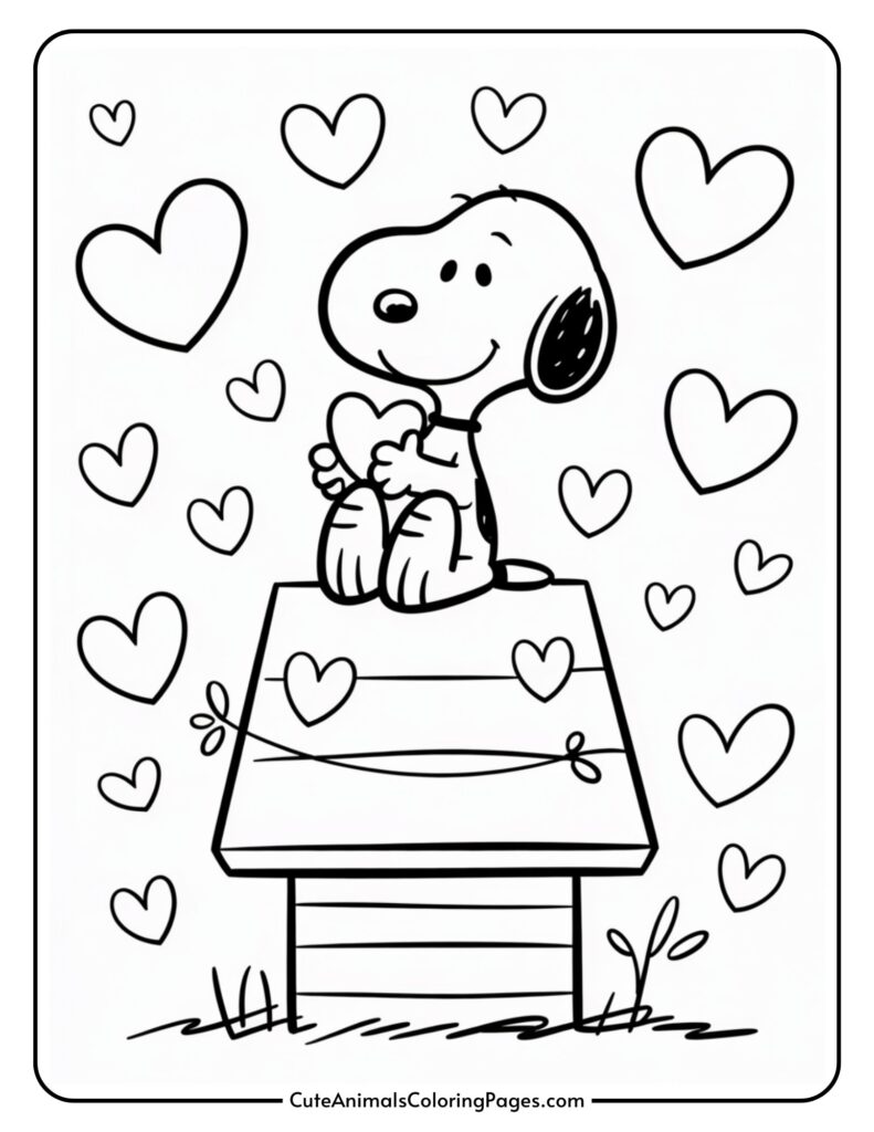 A cartoon dog sitting on a doghouse surrounded by hearts, smiling and holding a heart.
