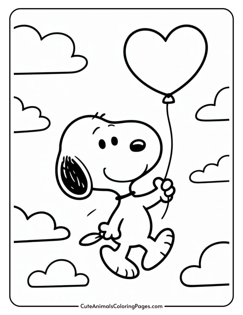 Cartoon dog holding a heart-shaped balloon, floating among clouds.