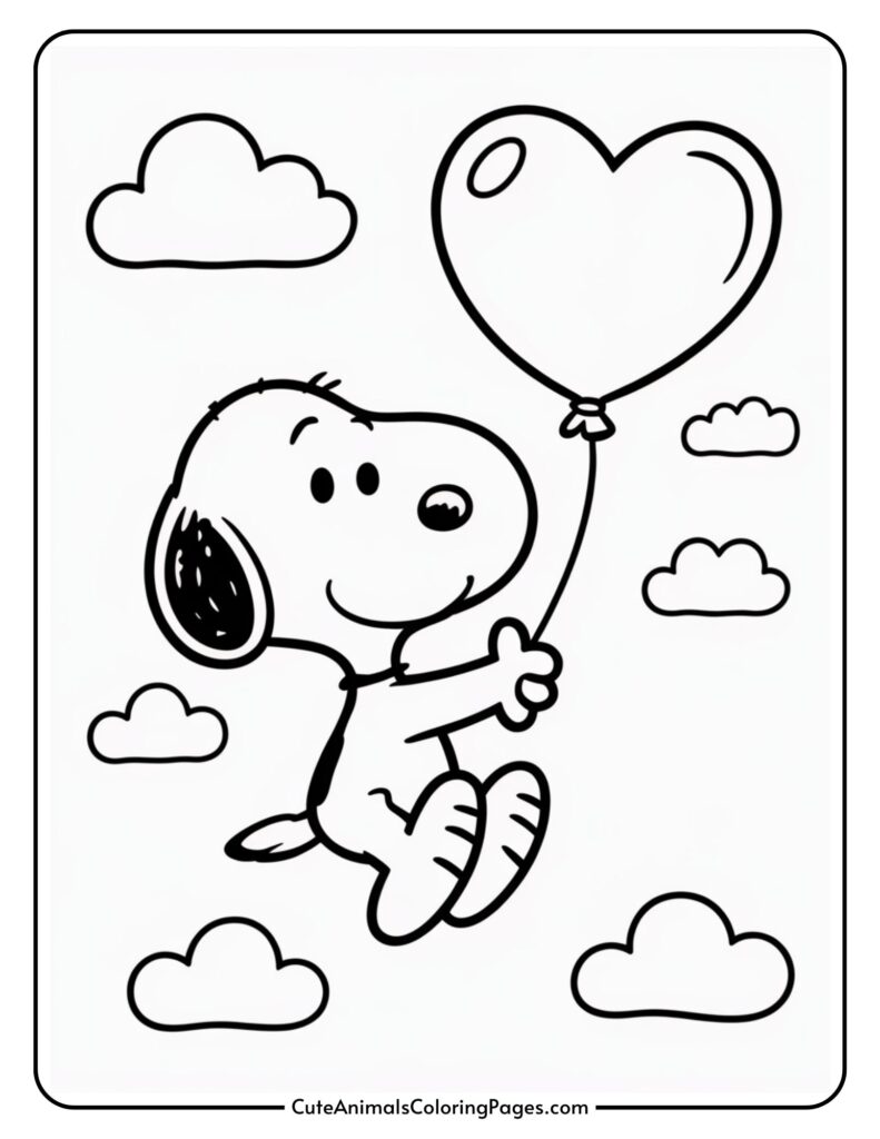 A cartoon dog holding a heart-shaped balloon, floating among clouds in a coloring page.
