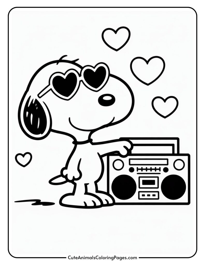 Cartoon dog wearing heart-shaped sunglasses, holding a boombox, with heart symbols around.
