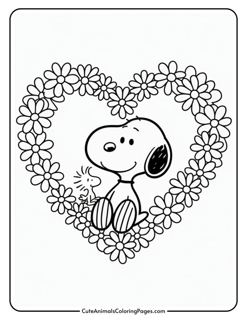 A cartoon dog and a small bird sit inside a heart made of flowers.