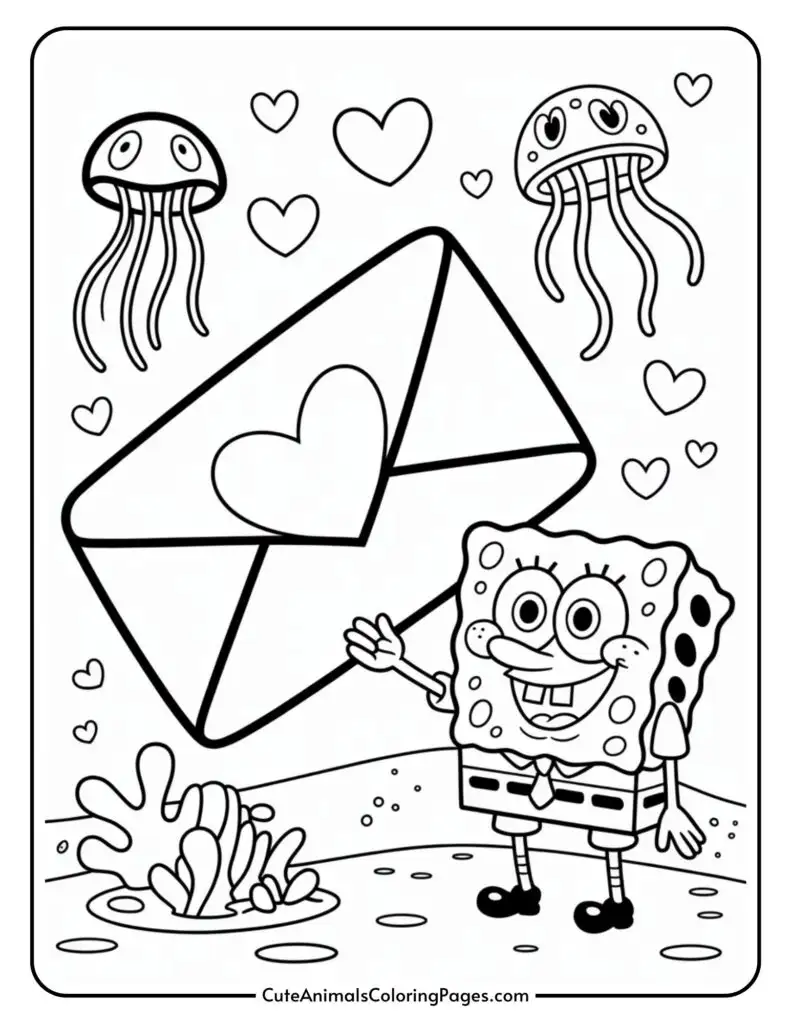 A cartoon sponge character waves by a large envelope with a heart, surrounded by jellyfish and hearts.