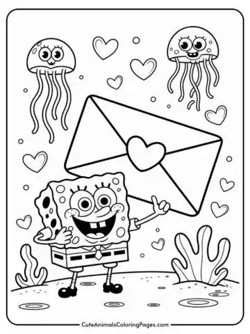Cartoon sponge character holding a large envelope surrounded by jellyfish and hearts under the sea.