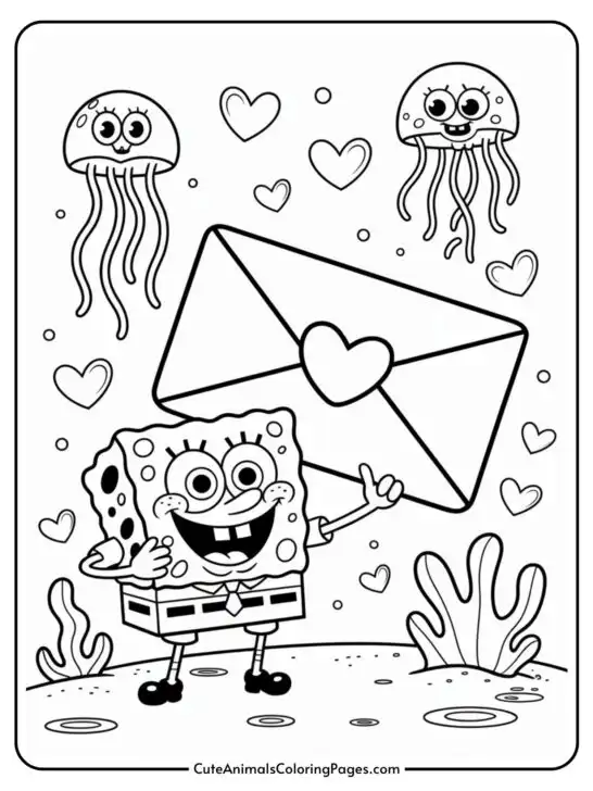 Cartoon sponge character holding a large envelope surrounded by jellyfish and hearts under the sea.