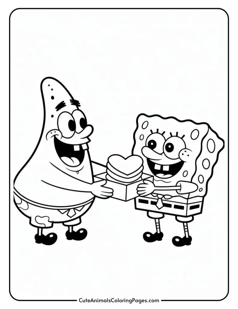 A smiling starfish character presents a heart-shaped gift to a joyful sponge character.