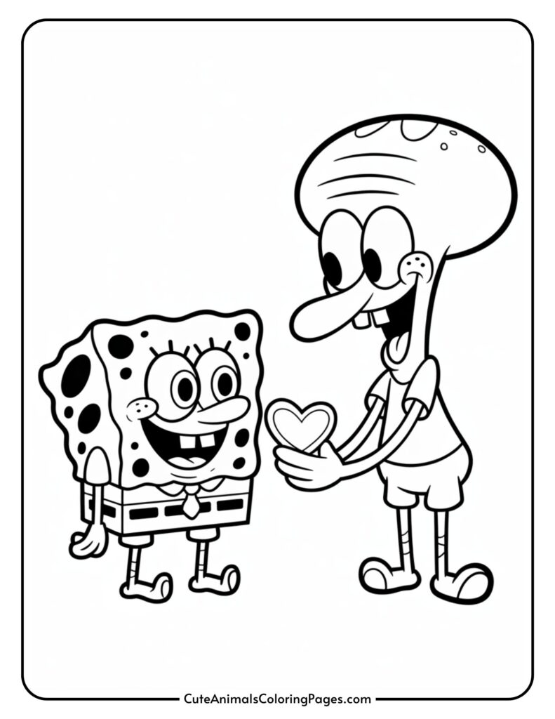 SpongeBob SquarePants and Squidward Tentacles smile, with Squidward holding something disappointed.