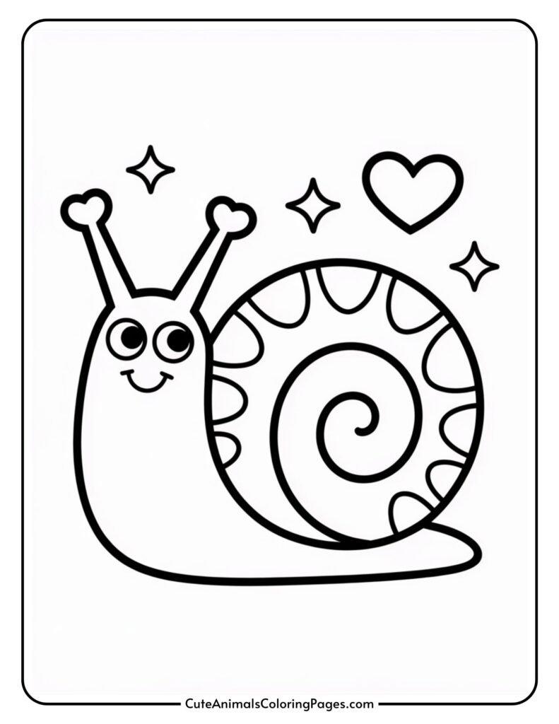 A cute, cartoonish shingle with a spiral shell, smiling and surrounded by hearts and stars.
