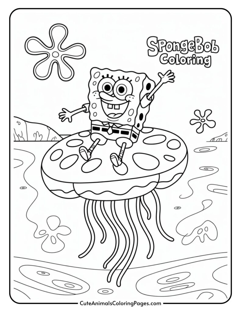 The cartoon sponge character happily rides a giant jellyfish in a playful underwater scene.