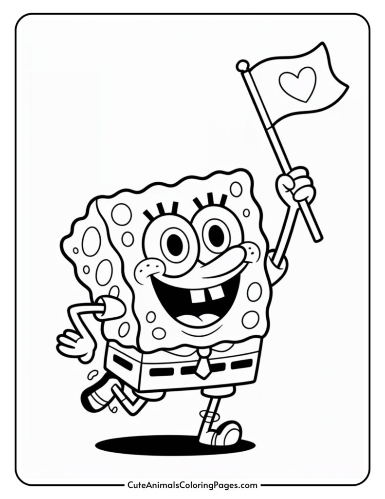 The cartoon sponge character happily waves the heart flag as he runs.