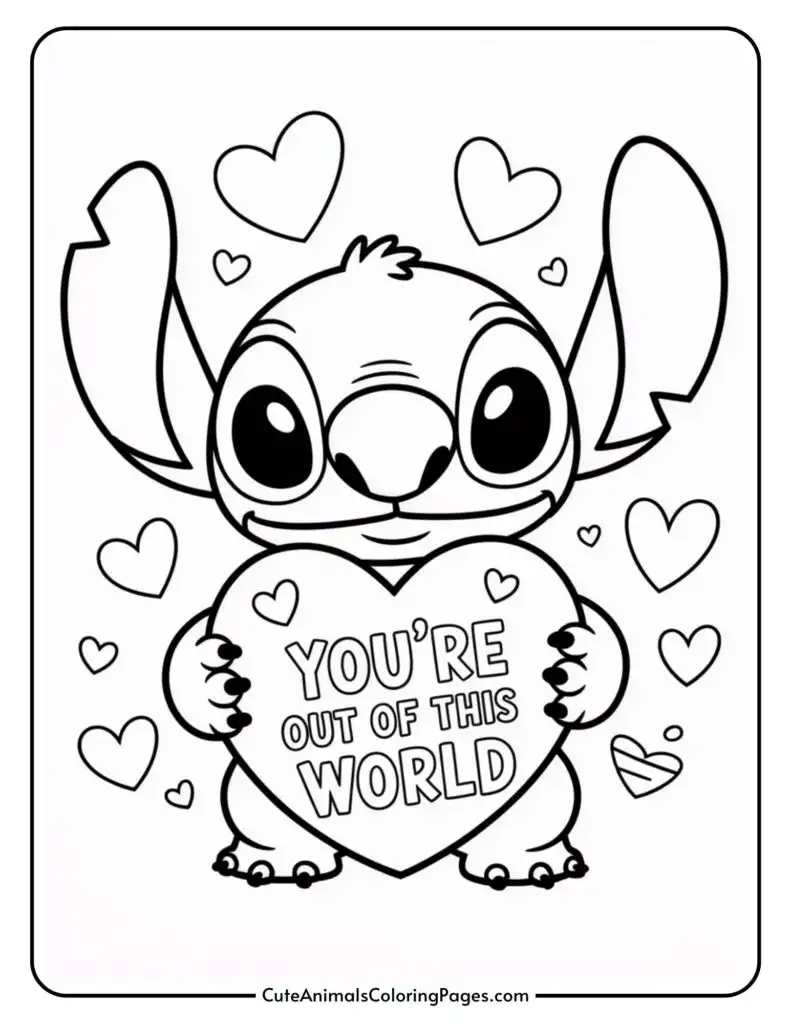 Cartoon character holding a large heart with the text "You're out of this world," surrounded by smaller hearts.