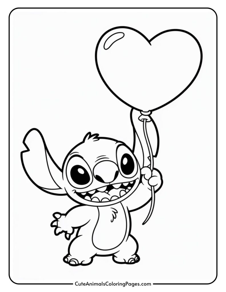 Cartoon character holding a heart balloon, smiling with big eyes and ears.
