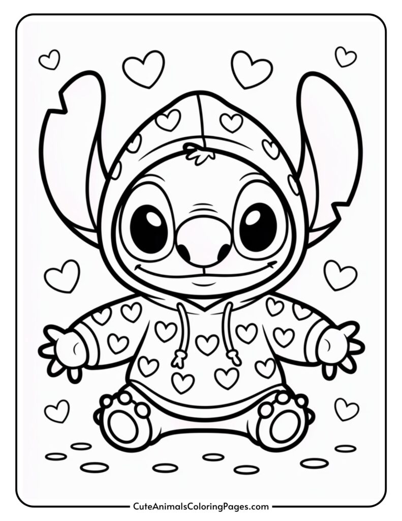 Cartoon character with big ears wearing a heart-shaped hoodie surrounded by heart shapes.