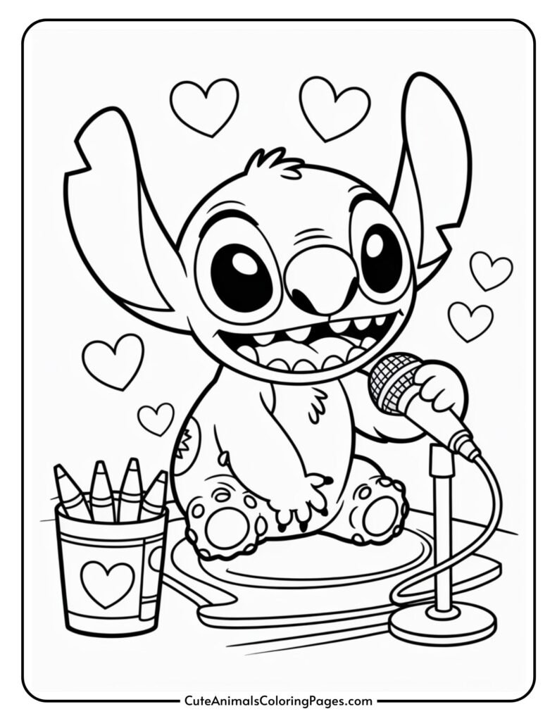 Cartoon alien character holding a microphone, surrounded by hearts, sitting next to a bucket of crayons.